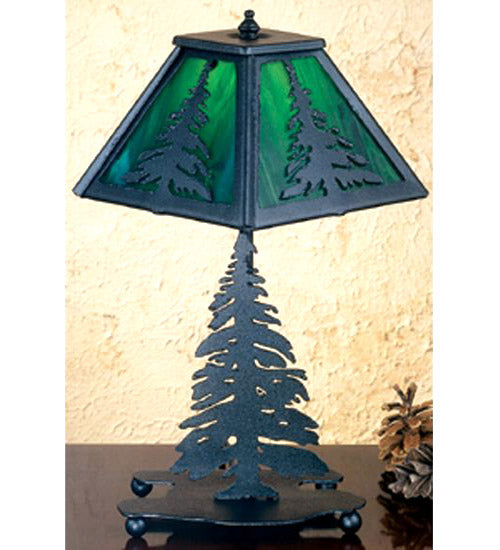 Meyda Lighting Tall Pines 31401 21" 2-Light Textured Black Table Lamp With Burgundy Art Shade Glass
