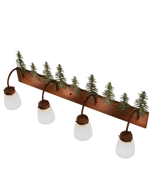 Meyda Lighting Tall Pines 34" 4-Light Vintage Copper & Green Trees Vanity Light With White Opal Shade Glass