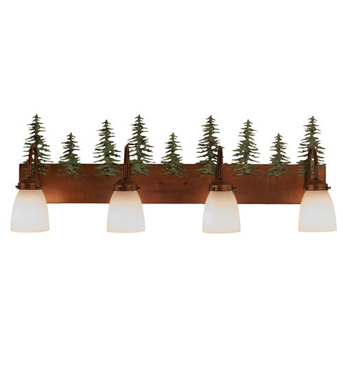 Meyda Lighting Tall Pines 34" 4-Light Vintage Copper & Green Trees Vanity Light With White Opal Shade Glass