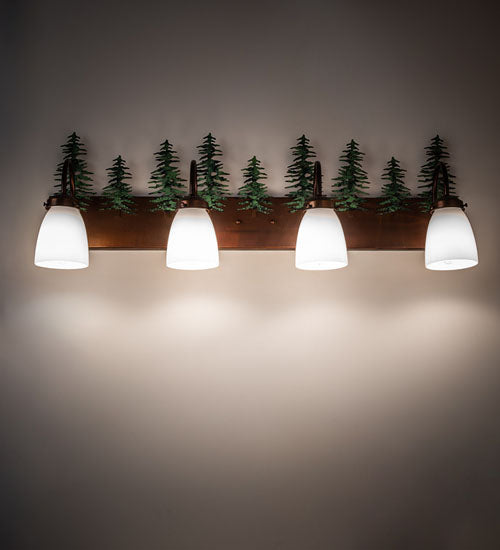 Meyda Lighting Tall Pines 34" 4-Light Vintage Copper & Green Trees Vanity Light With White Opal Shade Glass