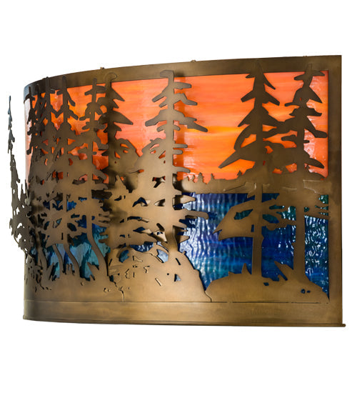 Meyda Lighting Tall Pines 36" 2-Light Antique Copper Wall Sconce With Orange & Blue Art Shade Glass
