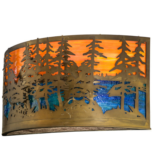 Meyda Lighting Tall Pines 36" 2-Light Antique Copper Wall Sconce With Orange & Blue Art Shade Glass