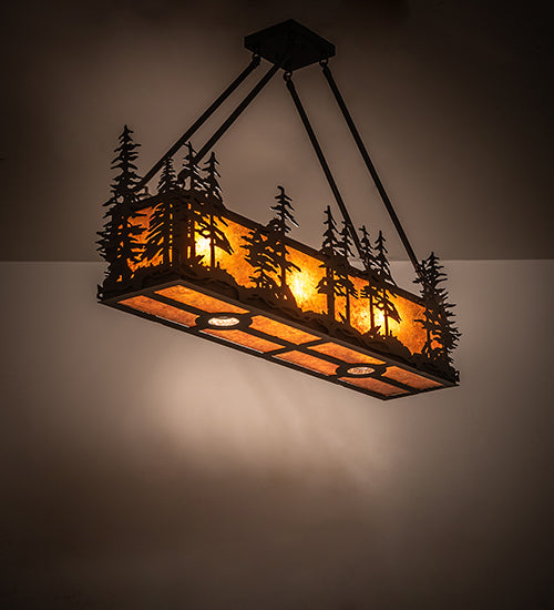 Meyda Lighting Tall Pines 36" 3-Light Solar Black Island Semi-flush Mount Light With Amber Mica Shade Glass