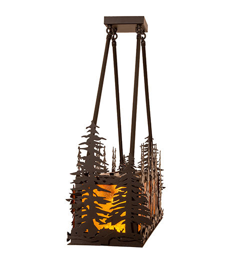 Meyda Lighting Tall Pines 36" 3-Light Solar Black Island Semi-flush Mount Light With Amber Mica Shade Glass