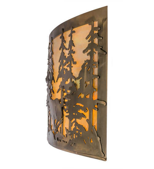 Meyda Lighting Tall Pines 36" 4-Light Antique Copper Bear & Deer Wall Sconce With Beige Iridescent Art Shade Glass