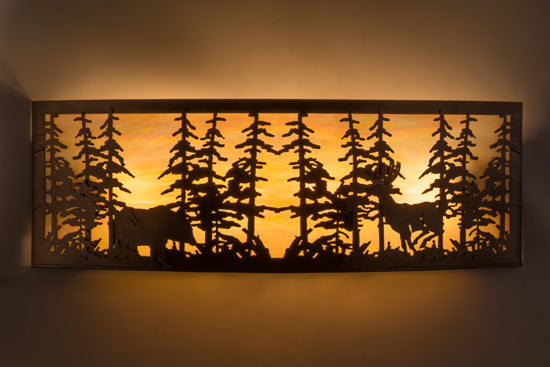Meyda Lighting Tall Pines 36" 4-Light Antique Copper Bear & Deer Wall Sconce With Beige Iridescent Art Shade Glass