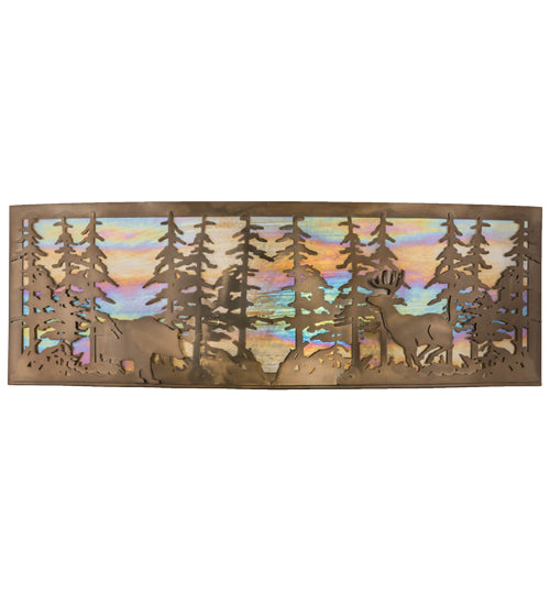 Meyda Lighting Tall Pines 36" 4-Light Antique Copper Bear & Deer Wall Sconce With Beige Iridescent Art Shade Glass