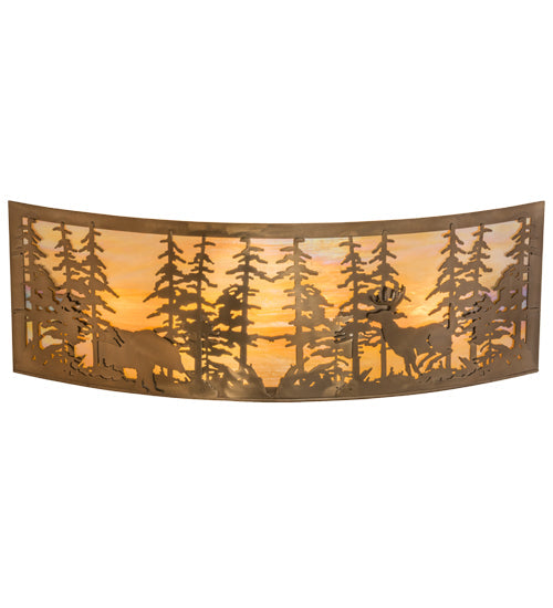 Meyda Lighting Tall Pines 36" 4-Light Antique Copper Bear & Deer Wall Sconce With Beige Iridescent Art Shade Glass