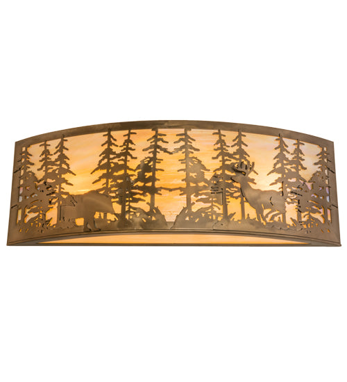 Meyda Lighting Tall Pines 36" 4-Light Antique Copper Bear & Deer Wall Sconce With Beige Iridescent Art Shade Glass