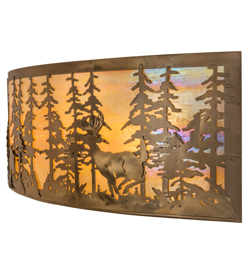 Meyda Lighting Tall Pines 36" 4-Light Antique Copper Bear & Deer Wall Sconce With Beige Iridescent Art Shade Glass