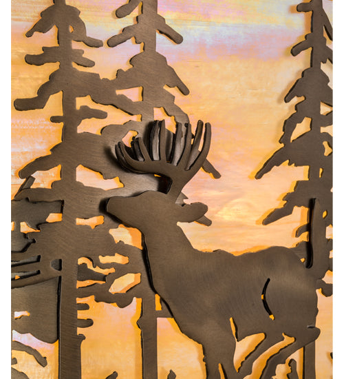 Meyda Lighting Tall Pines 36" 4-Light Antique Copper Bear & Deer Wall Sconce With Beige Iridescent Art Shade Glass