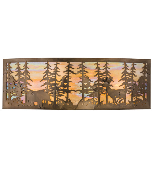 Meyda Lighting Tall Pines 36" 4-Light Antique Copper Bear & Deer Wall Sconce With Beige Iridescent Art Shade Glass
