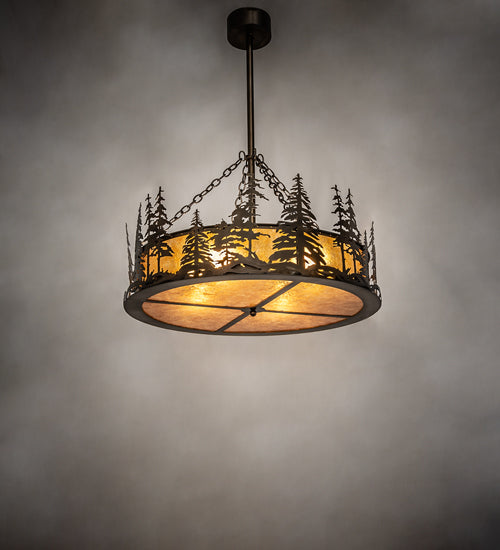 Meyda Lighting Tall Pines 36" 4-Light Antique Copper Inverted Pendant Light With Amber Mica Shade Glass