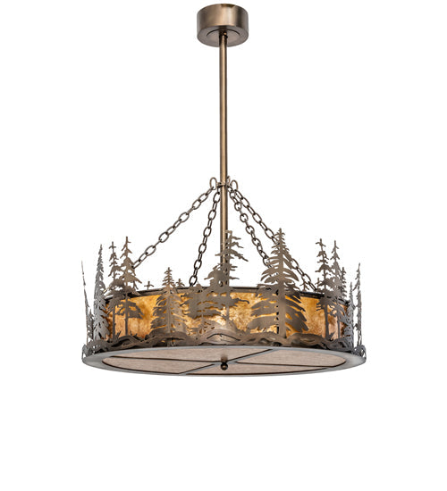 Meyda Lighting Tall Pines 36" 4-Light Antique Copper Inverted Pendant Light With Amber Mica Shade Glass
