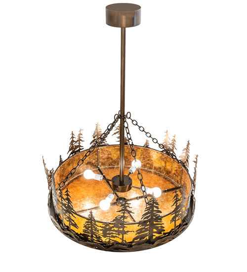 Meyda Lighting Tall Pines 36" 4-Light Antique Copper Inverted Pendant Light With Amber Mica Shade Glass