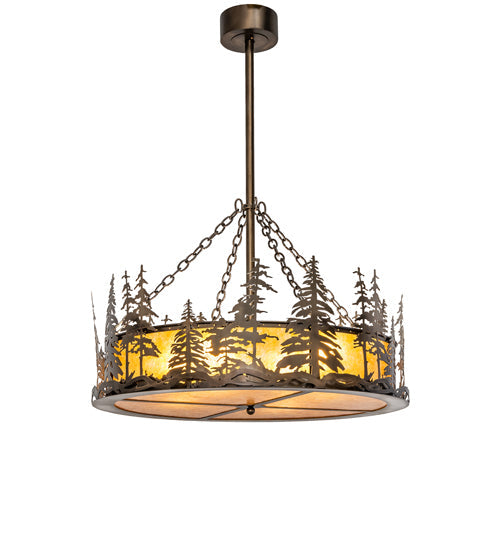 Meyda Lighting Tall Pines 36" 4-Light Antique Copper Inverted Pendant Light With Amber Mica Shade Glass