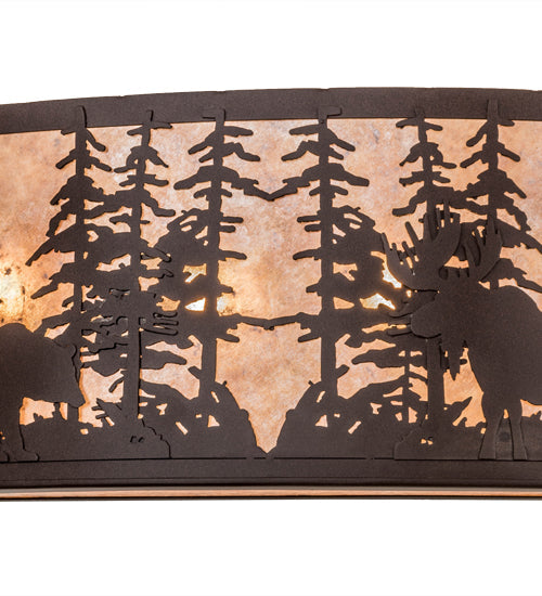 Meyda Lighting Tall Pines 36" 4-Light Cafe Noir Bear & Moose Wall Sconce With Silver Mica Shade Glass