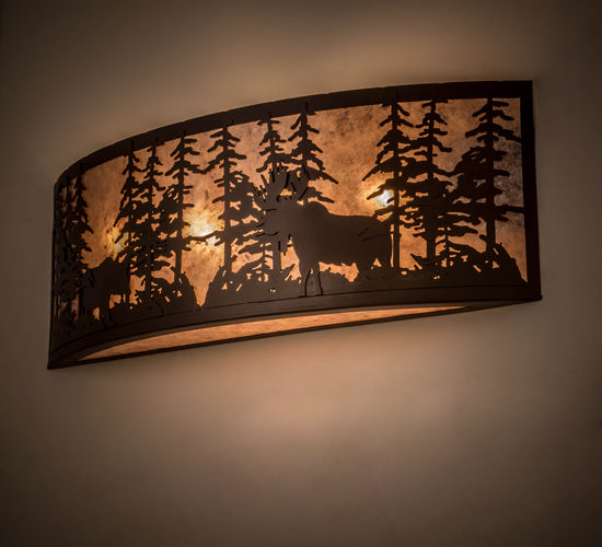 Meyda Lighting Tall Pines 36" 4-Light Cafe Noir Bear & Moose Wall Sconce With Silver Mica Shade Glass
