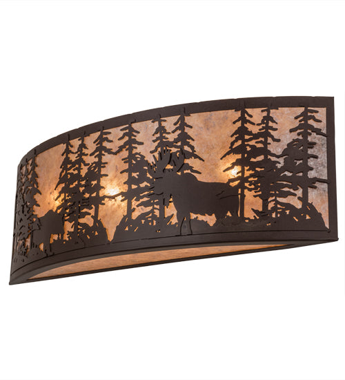 Meyda Lighting Tall Pines 36" 4-Light Cafe Noir Bear & Moose Wall Sconce With Silver Mica Shade Glass
