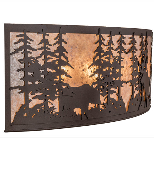 Meyda Lighting Tall Pines 36" 4-Light Cafe Noir Bear & Moose Wall Sconce With Silver Mica Shade Glass