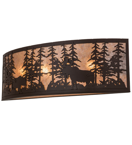 Meyda Lighting Tall Pines 36" 4-Light Cafe Noir Bear & Moose Wall Sconce With Silver Mica Shade Glass
