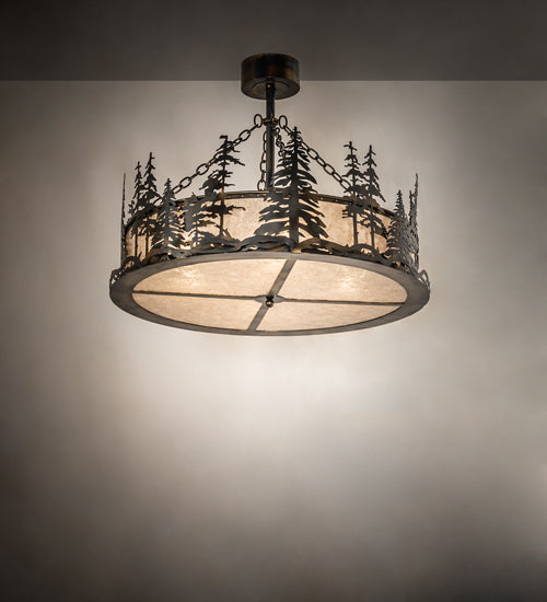 Meyda Lighting Tall Pines 36" 4-Light Light Burnished Antique Copper Inverted Pendant Light With Silver Mica Shade Glass