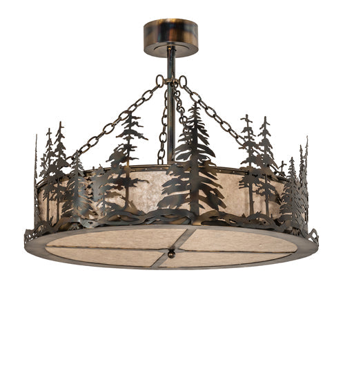 Meyda Lighting Tall Pines 36" 4-Light Light Burnished Antique Copper Inverted Pendant Light With Silver Mica Shade Glass