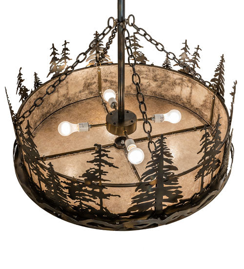 Meyda Lighting Tall Pines 36" 4-Light Light Burnished Antique Copper Inverted Pendant Light With Silver Mica Shade Glass