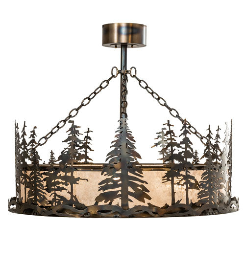 Meyda Lighting Tall Pines 36" 4-Light Light Burnished Antique Copper Inverted Pendant Light With Silver Mica Shade Glass