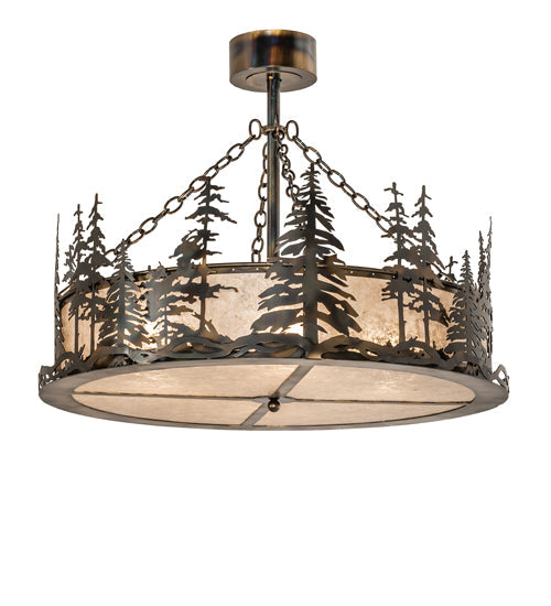 Meyda Lighting Tall Pines 36" 4-Light Light Burnished Antique Copper Inverted Pendant Light With Silver Mica Shade Glass