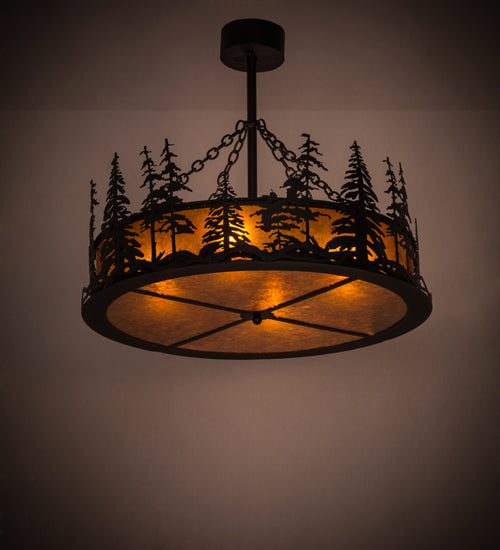 Meyda Lighting Tall Pines 36" 4-Light Textured Black Inverted Pendant Light With Amber Mica Shade Glass