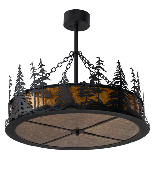 Meyda Lighting Tall Pines 36" 4-Light Textured Black Inverted Pendant Light With Amber Mica Shade Glass