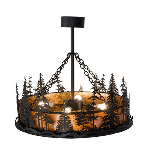Meyda Lighting Tall Pines 36" 4-Light Textured Black Inverted Pendant Light With Amber Mica Shade Glass