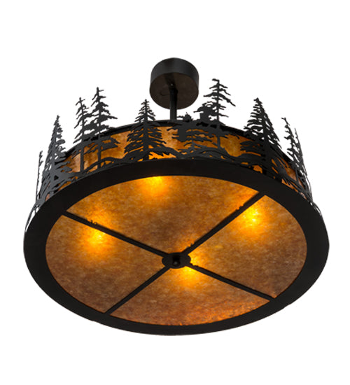 Meyda Lighting Tall Pines 36" 4-Light Textured Black Inverted Pendant Light With Amber Mica Shade Glass