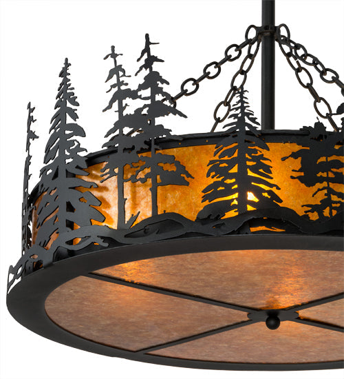 Meyda Lighting Tall Pines 36" 4-Light Textured Black Inverted Pendant Light With Amber Mica Shade Glass