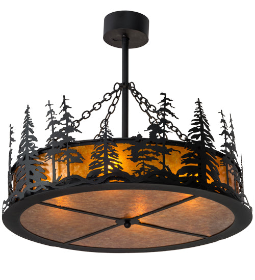 Meyda Lighting Tall Pines 36" 4-Light Textured Black Inverted Pendant Light With Amber Mica Shade Glass