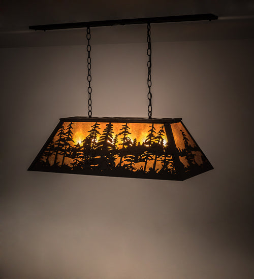 Meyda Lighting Tall Pines 36" 6-Light Wrought Iron Island Pendant Light With Amber Mica Shade Glass
