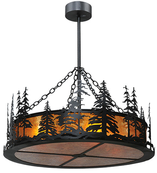Meyda Lighting Tall Pines 37" 4-Light Textured Black Inverted Pendant Light With Amber Mica Shade Glass