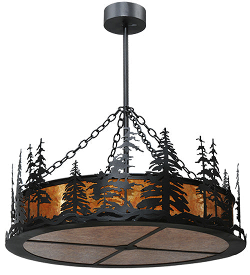 Meyda Lighting Tall Pines 37" 4-Light Textured Black Inverted Pendant Light With Amber Mica Shade Glass