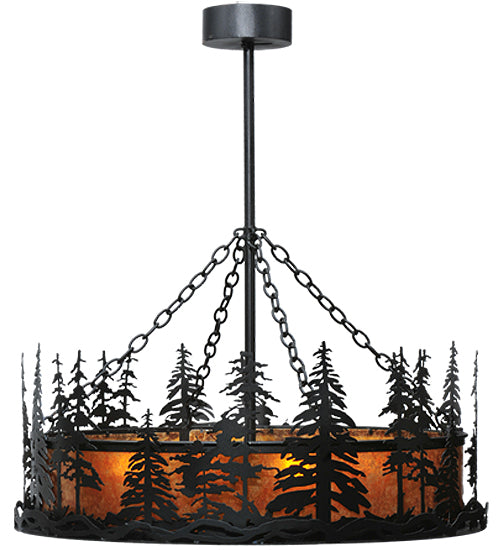 Meyda Lighting Tall Pines 37" 4-Light Textured Black Inverted Pendant Light With Amber Mica Shade Glass