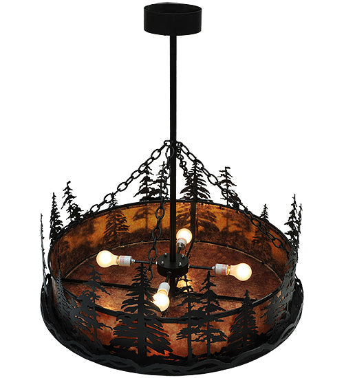 Meyda Lighting Tall Pines 37" 4-Light Textured Black Inverted Pendant Light With Amber Mica Shade Glass