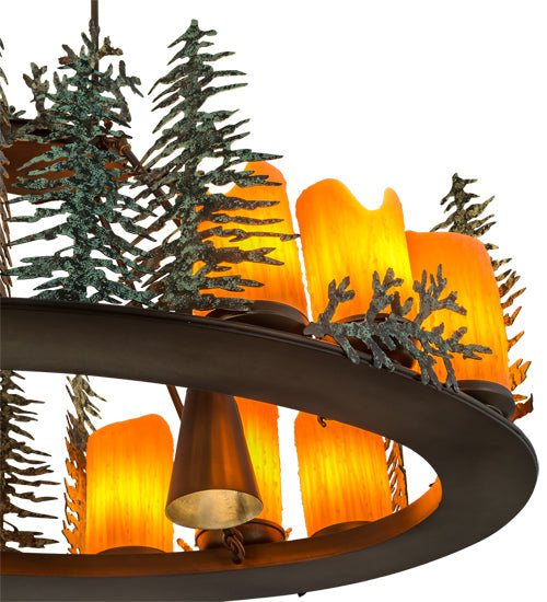 Meyda Lighting Tall Pines 42" 12-Light Antique Copper & Green Chandelier With Amber Faux Candlelight
