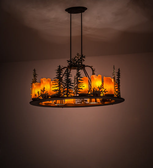 Meyda Lighting Tall Pines 42" 12-Light Antique Copper & Green Chandelier With Amber Faux Candlelight