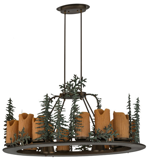 Meyda Lighting Tall Pines 42" 12-Light Antique Copper & Green Chandelier With Amber Faux Candlelight