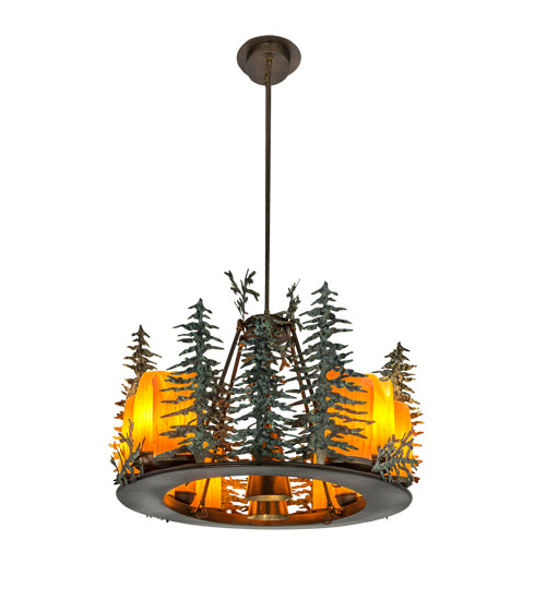 Meyda Lighting Tall Pines 42" 12-Light Antique Copper & Green Chandelier With Amber Faux Candlelight