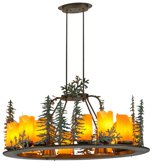 Meyda Lighting Tall Pines 42" 12-Light Antique Copper & Green Chandelier With Amber Faux Candlelight
