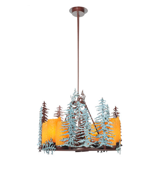 Meyda Lighting Tall Pines 42" 12-Light Rust & Green Trees Chandelier With Amber Faux Candlelight