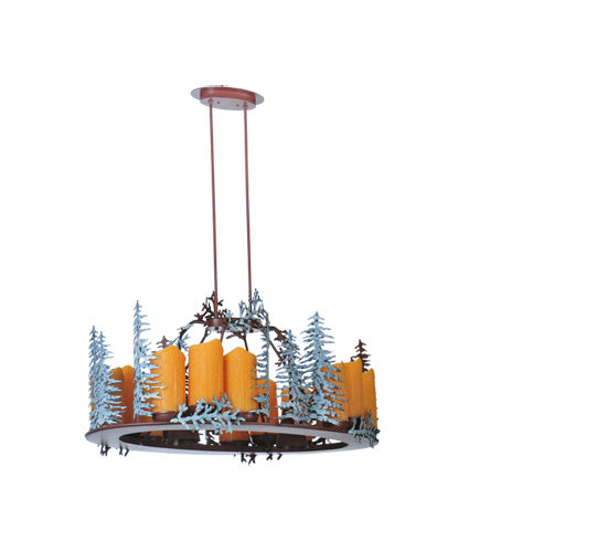 Meyda Lighting Tall Pines 42" 12-Light Rust & Green Trees Chandelier With Amber Faux Candlelight