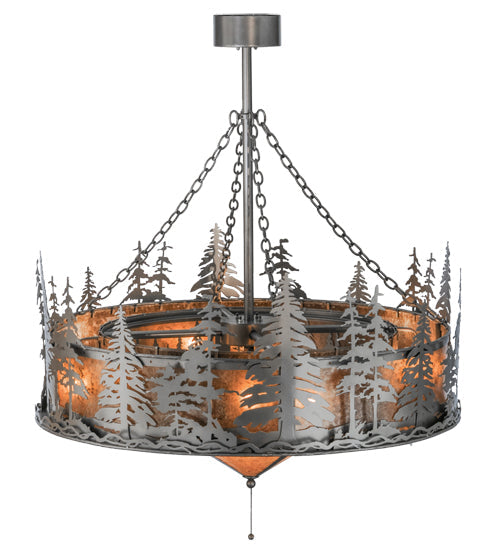 Meyda Lighting Tall Pines 44" 11-Light Nickel Chandelier With Silver Mica Shade Glass and Silver Fan