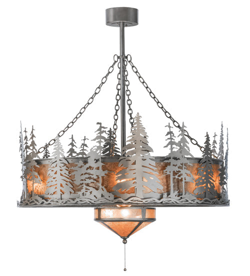 Meyda Lighting Tall Pines 44" 11-Light Nickel Chandelier With Silver Mica Shade Glass and Silver Fan